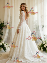 White Lace V-neck Long Sleeve Wedding Dress