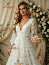White Lace V-neck Long Sleeve Wedding Dress
