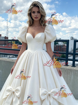 White Tulle Puff Sleeve Bow Prom Dress