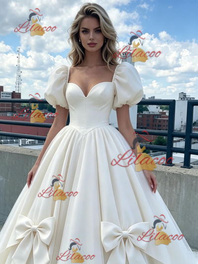White Tulle Puff Sleeve Bow Prom Dress