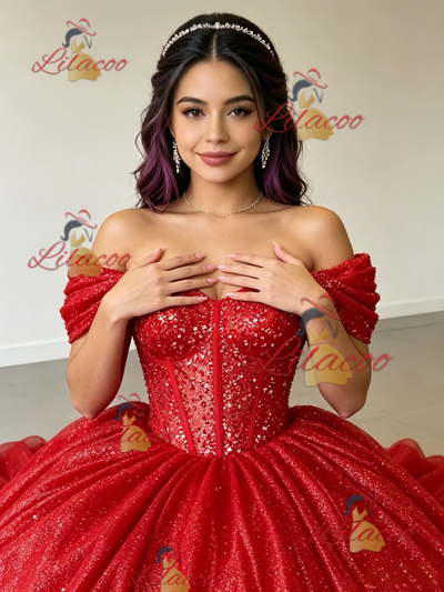 Red Sequins Off the Shoulder Quinceanera Dress