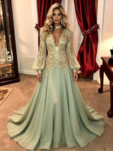 Green Chiffon Sequins Long Sleeve Prom Dress