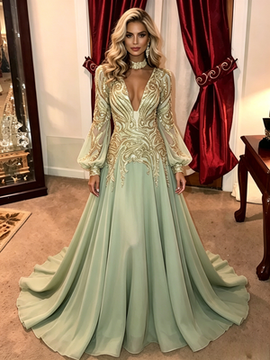 Green Chiffon Sequins Long Sleeve Prom Dress
