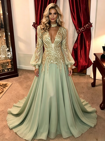 Green Chiffon Sequins Long Sleeve Prom Dress