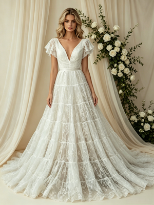 White Lace V-neck Wedding Dress