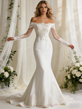 White Mermaid Long Sleeve Appliques Wedding Dress