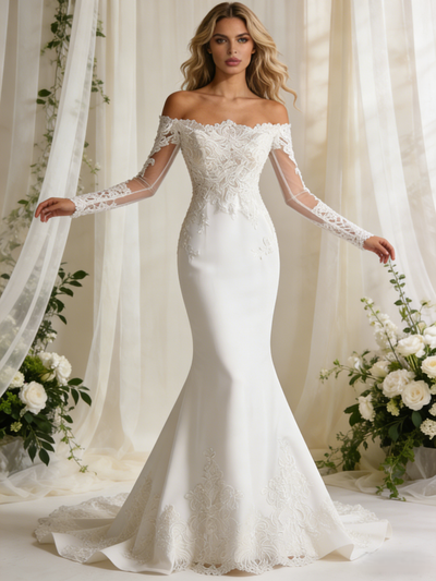 White Mermaid Long Sleeve Appliques Wedding Dress