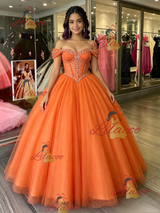 Oragne Tulle Off the Shoulder Beading Quinceanera Dress