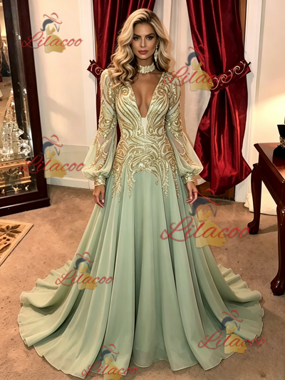 Green Chiffon Sequins Long Sleeve Prom Dress