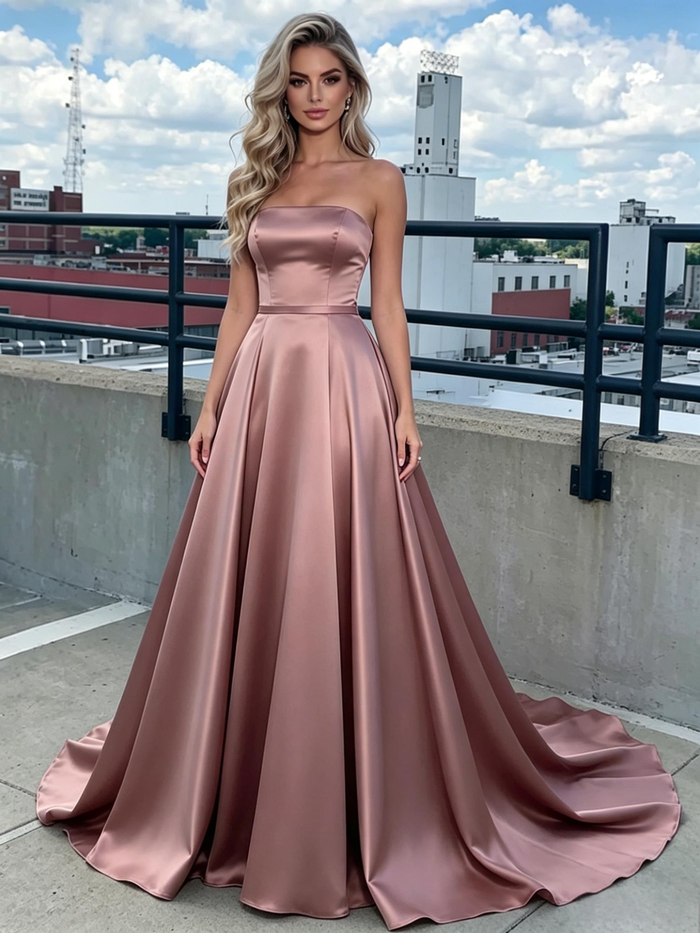 Simple Satin Strapless Prom Dress