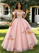 Pink Tulle Straps Beading Quinceanera Dress