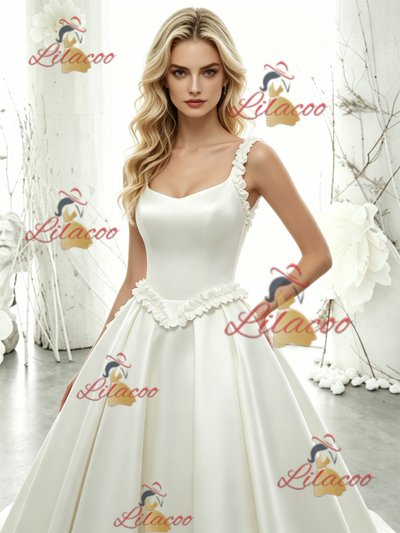 White Satin Straps Flower Wedding Dress