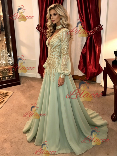 Green Chiffon Sequins Long Sleeve Prom Dress