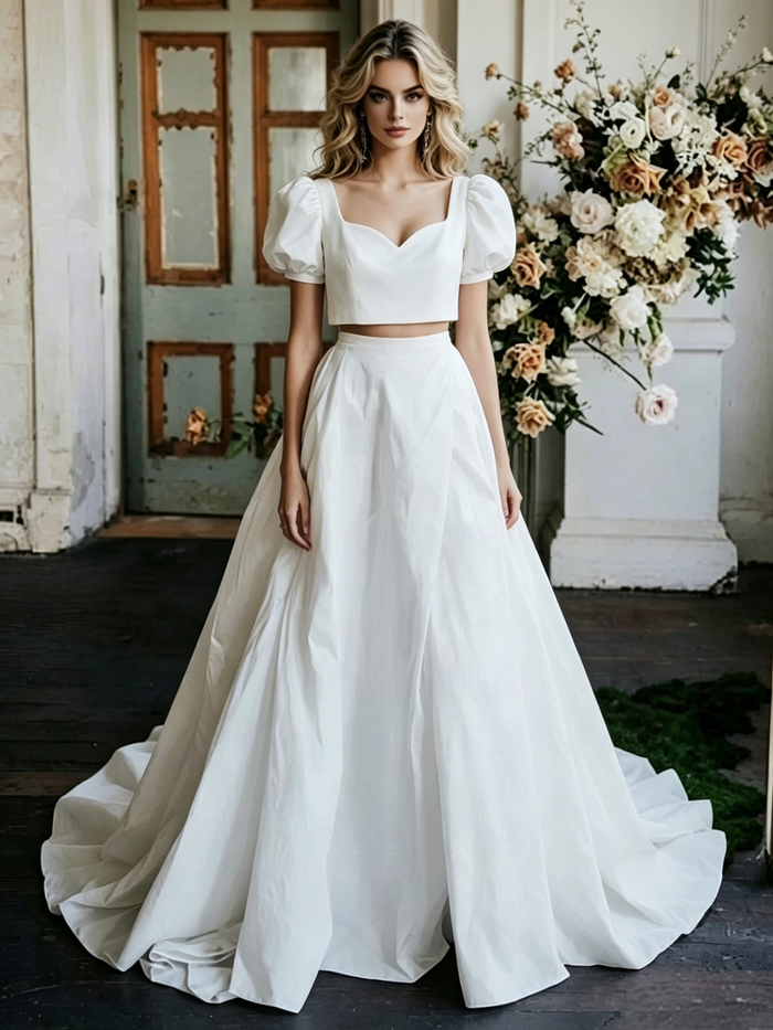 White Satin Puff Sleeve Wedding Dress