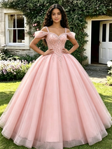 Pink Tulle Straps Beading Quinceanera Dress
