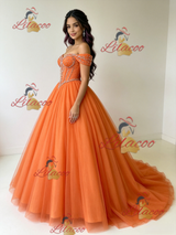 Oragne Tulle Off the Shoulder Beading Quinceanera Dress