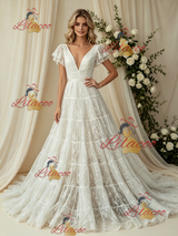White Lace V-neck Wedding Dress