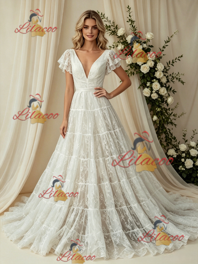 White Lace V-neck Wedding Dress