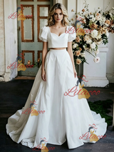 White Satin Puff Sleeve Wedding Dress