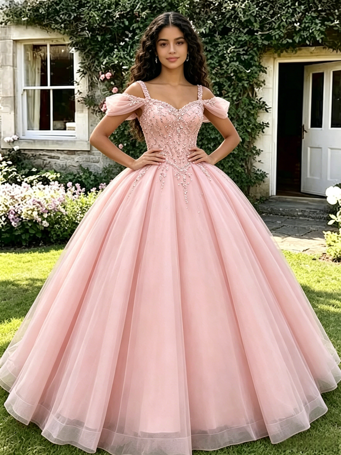 Pink Tulle Straps Beading Quinceanera Dress