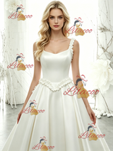 White Satin Straps Flower Wedding Dress