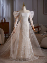 White Mermaid Tulle Lace Pleats Wedding Dress