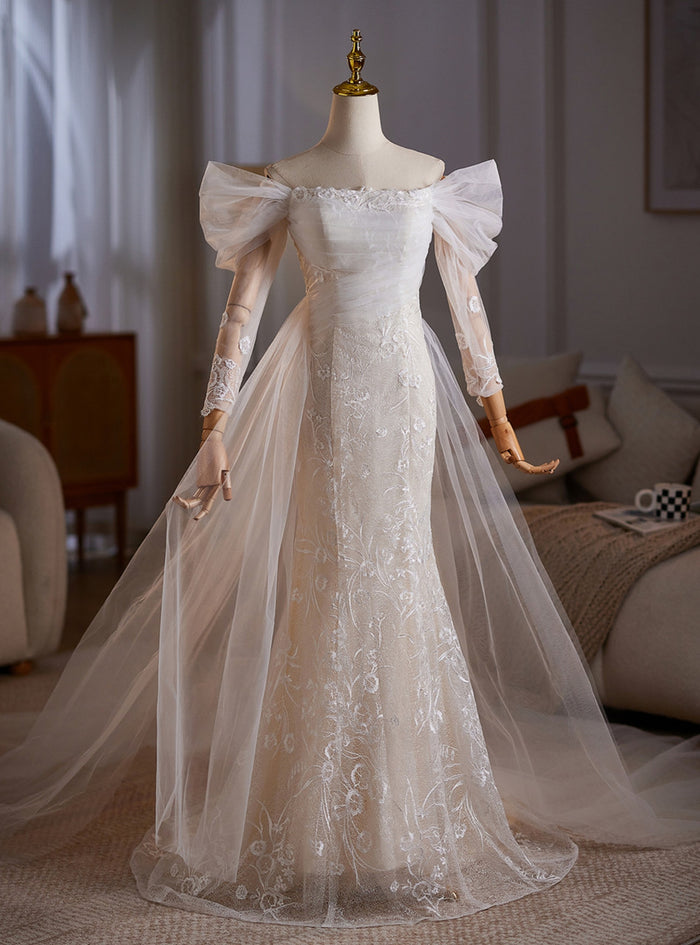 White Mermaid Tulle Lace Pleats Wedding Dress