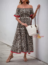 Retro Medium-long Lotus Leaf Sleeve Leopard Print Dress