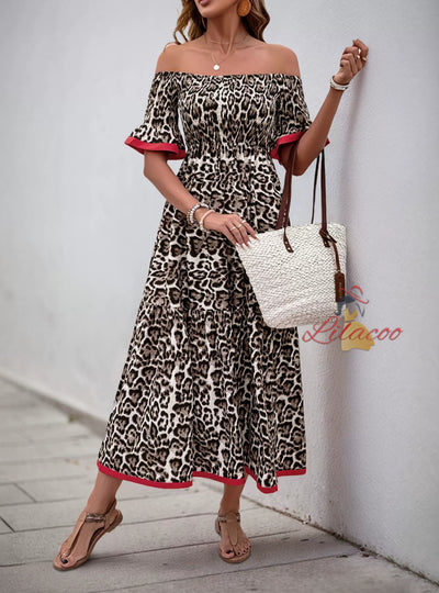 Retro Medium-long Lotus Leaf Sleeve Leopard Print Dress
