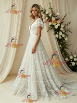 White Lace V-neck Wedding Dress