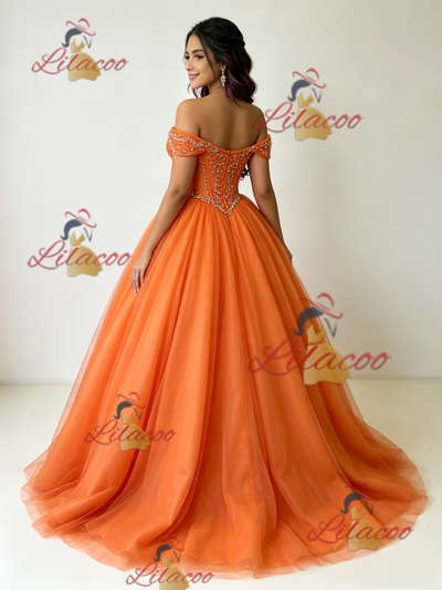 Oragne Tulle Off the Shoulder Beading Quinceanera Dress