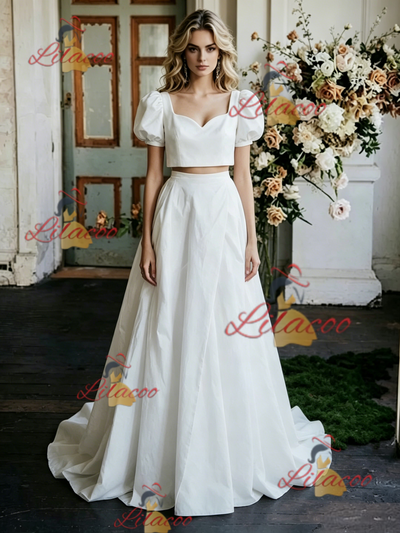 White Satin Puff Sleeve Wedding Dress