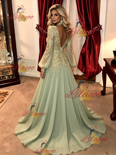 Green Chiffon Sequins Long Sleeve Prom Dress