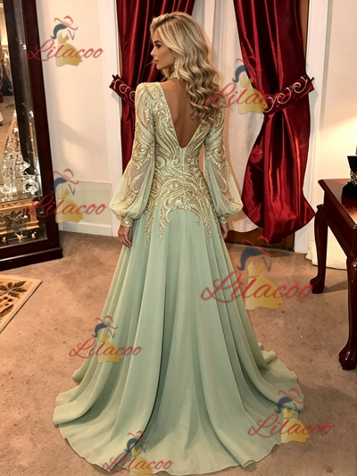 Green Chiffon Sequins Long Sleeve Prom Dress