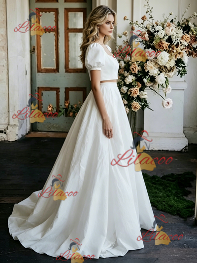 White Satin Puff Sleeve Wedding Dress