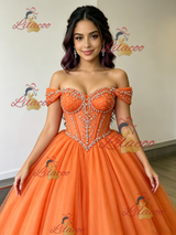 Oragne Tulle Off the Shoulder Beading Quinceanera Dress