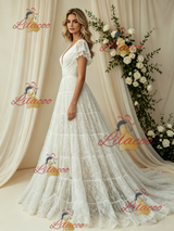 White Lace V-neck Wedding Dress