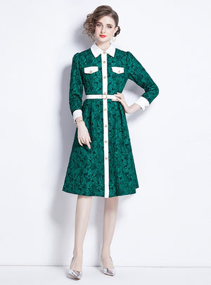 Contrast Lapel Jacquard Long Sleeve Dress