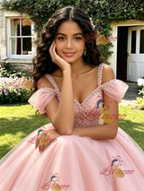 Pink Tulle Straps Beading Quinceanera Dress