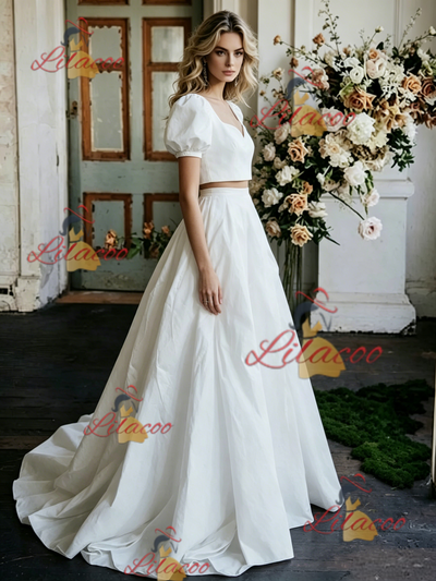 White Satin Puff Sleeve Wedding Dress