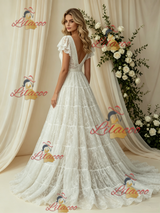 White Lace V-neck Wedding Dress