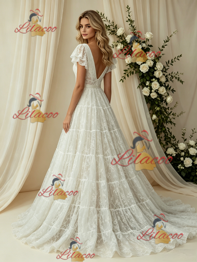 White Lace V-neck Wedding Dress