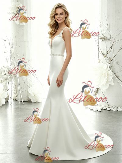 White Mermaid Satin Straps Beading Wedding Dress