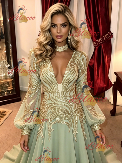 Green Chiffon Sequins Long Sleeve Prom Dress