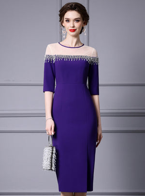Purple Half Sleeve Beading Mother Of The Bride Dress