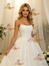 White Tulle Lace Strapless Pleats Wedding Dress