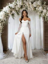 White Off the Shoulder Long Sleeve Split Wedding Dress