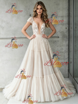 Ivory Tulle Lace V-neck Backless Wedding Dress