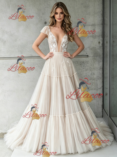 Ivory Tulle Lace V-neck Backless Wedding Dress