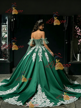 Green Satin Off the Shoulder Appliques Quinceanera Dress